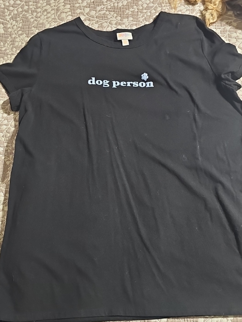 LuLaRoe Black Tee with Light Blue "dog person" Print